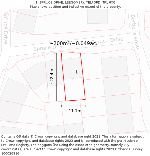 1, SPRUCE DRIVE, LEEGOMERY, TELFORD, TF1 6XG: Plot and title map