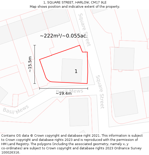 1, SQUARE STREET, HARLOW, CM17 9LE: Plot and title map