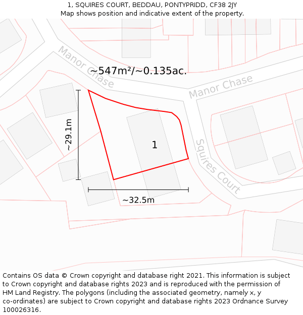 1, SQUIRES COURT, BEDDAU, PONTYPRIDD, CF38 2JY: Plot and title map