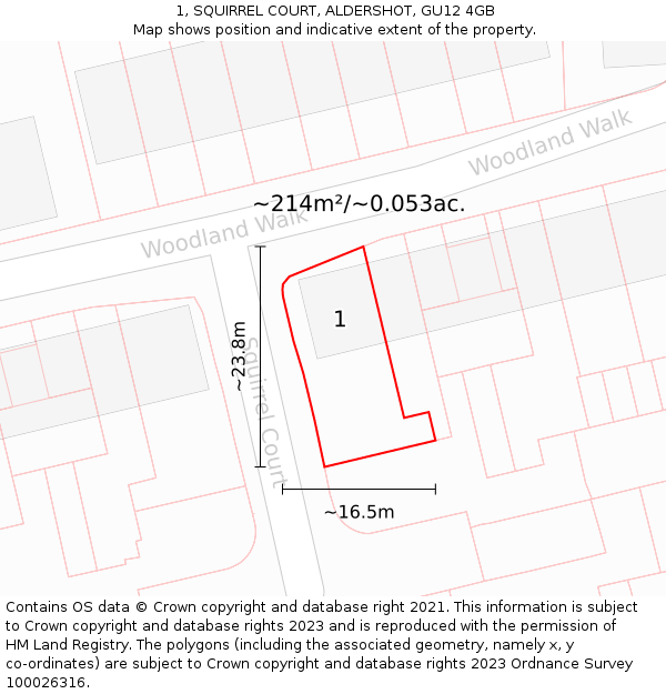 1, SQUIRREL COURT, ALDERSHOT, GU12 4GB: Plot and title map