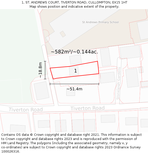 1, ST. ANDREWS COURT, TIVERTON ROAD, CULLOMPTON, EX15 1HT: Plot and title map