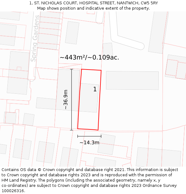 1, ST. NICHOLAS COURT, HOSPITAL STREET, NANTWICH, CW5 5RY: Plot and title map