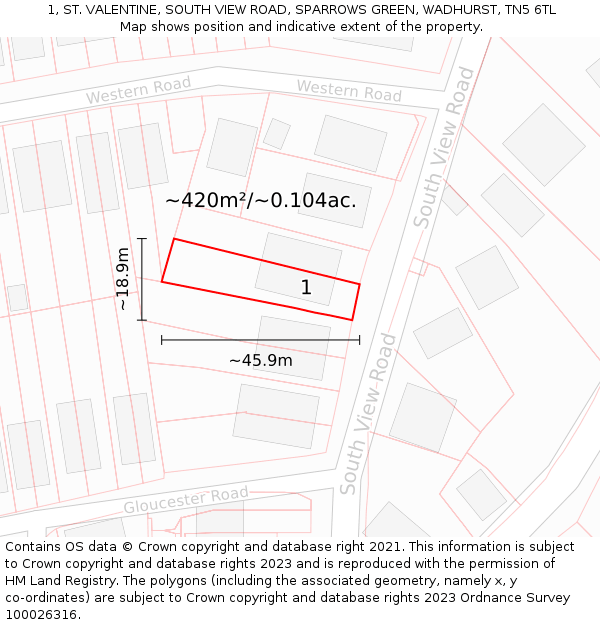 1, ST. VALENTINE, SOUTH VIEW ROAD, SPARROWS GREEN, WADHURST, TN5 6TL: Plot and title map