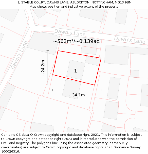 1, STABLE COURT, DAWNS LANE, ASLOCKTON, NOTTINGHAM, NG13 9BN: Plot and title map