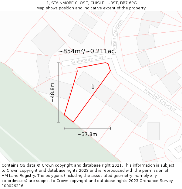 1, STAINMORE CLOSE, CHISLEHURST, BR7 6PG: Plot and title map