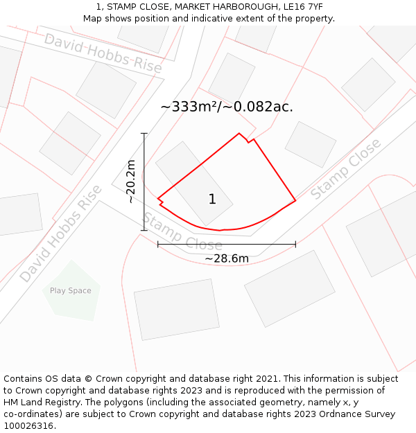 1, STAMP CLOSE, MARKET HARBOROUGH, LE16 7YF: Plot and title map