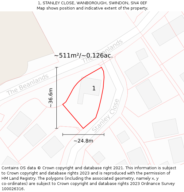 1, STANLEY CLOSE, WANBOROUGH, SWINDON, SN4 0EF: Plot and title map