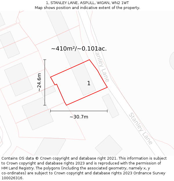 1, STANLEY LANE, ASPULL, WIGAN, WN2 1WT: Plot and title map