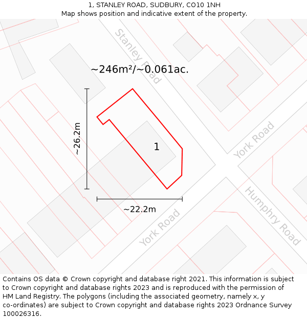 1, STANLEY ROAD, SUDBURY, CO10 1NH: Plot and title map