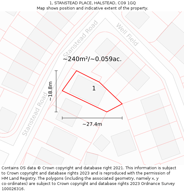 1, STANSTEAD PLACE, HALSTEAD, CO9 1GQ: Plot and title map