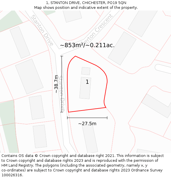1, STANTON DRIVE, CHICHESTER, PO19 5QN: Plot and title map