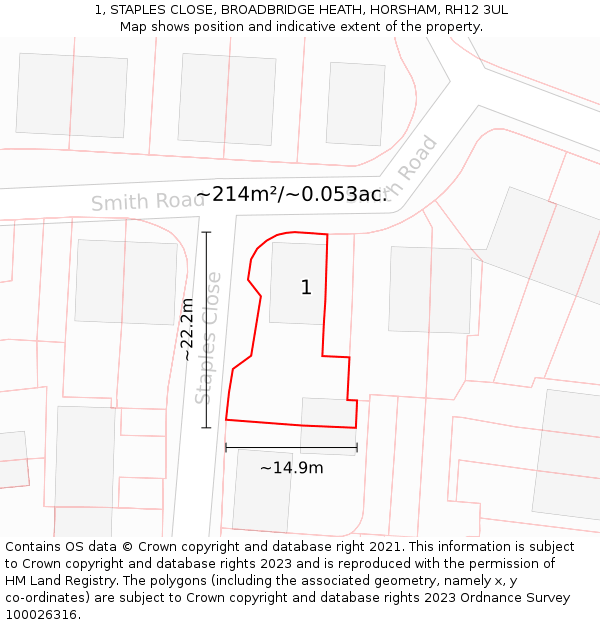 1, STAPLES CLOSE, BROADBRIDGE HEATH, HORSHAM, RH12 3UL: Plot and title map