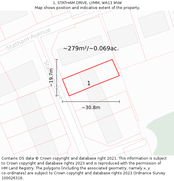 1, STATHAM DRIVE, LYMM, WA13 9NW: Plot and title map