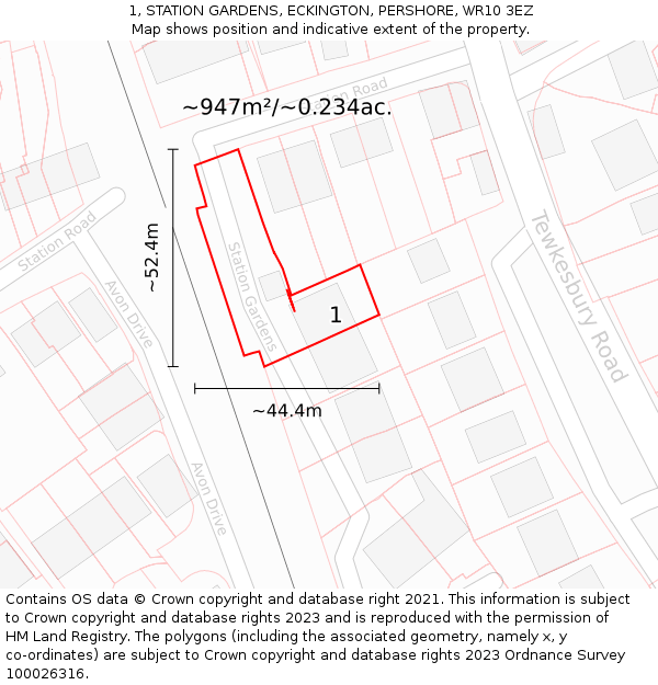 1, STATION GARDENS, ECKINGTON, PERSHORE, WR10 3EZ: Plot and title map