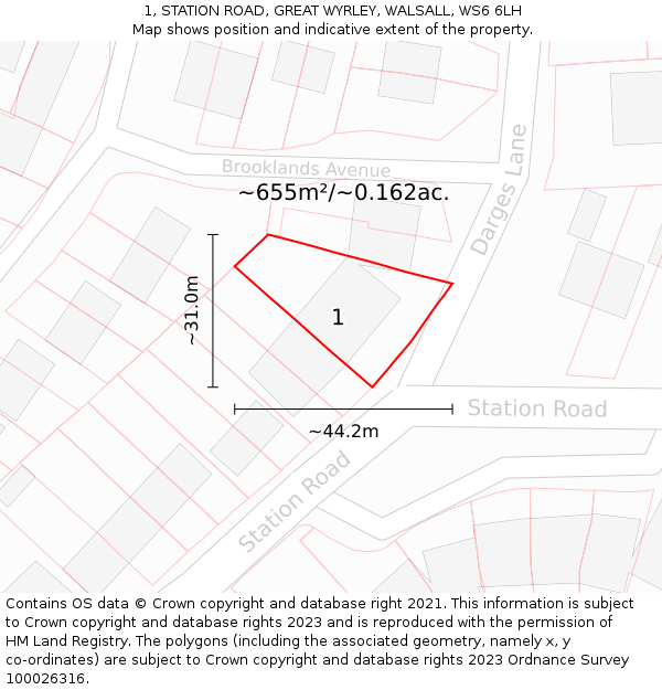 1, STATION ROAD, GREAT WYRLEY, WALSALL, WS6 6LH: Plot and title map