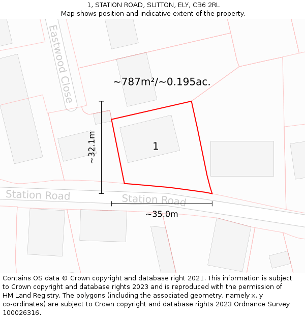 1, STATION ROAD, SUTTON, ELY, CB6 2RL: Plot and title map