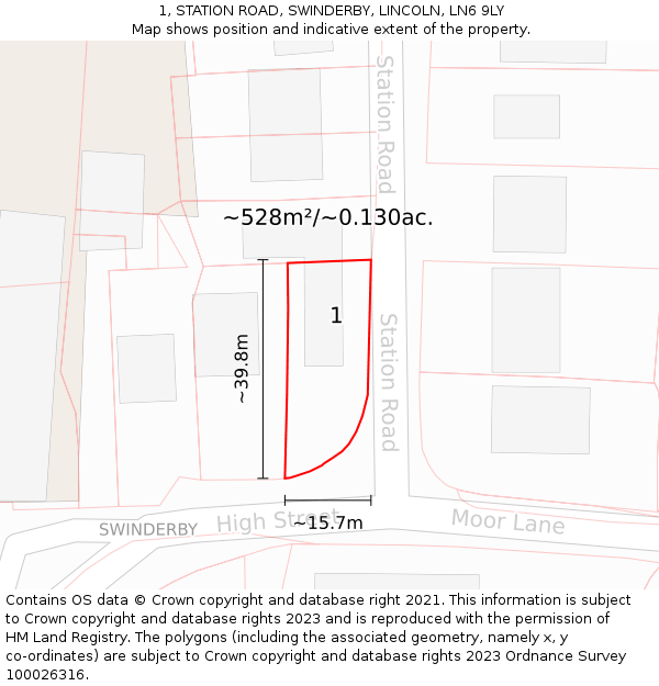 1, STATION ROAD, SWINDERBY, LINCOLN, LN6 9LY: Plot and title map