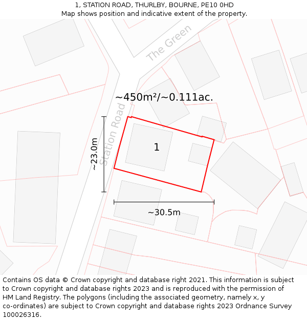 1, STATION ROAD, THURLBY, BOURNE, PE10 0HD: Plot and title map