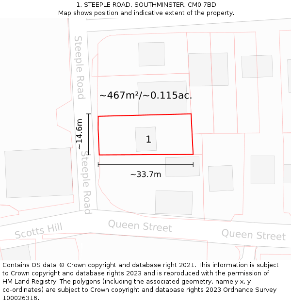 1, STEEPLE ROAD, SOUTHMINSTER, CM0 7BD: Plot and title map