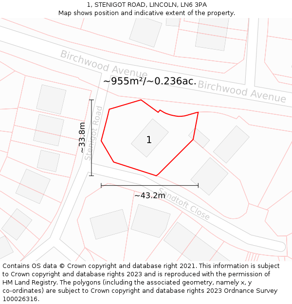 1, STENIGOT ROAD, LINCOLN, LN6 3PA: Plot and title map