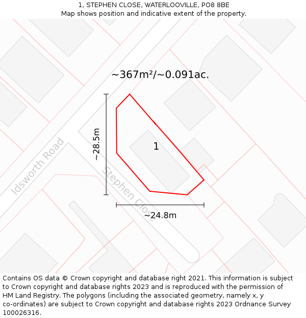 1, STEPHEN CLOSE, WATERLOOVILLE, PO8 8BE: Plot and title map