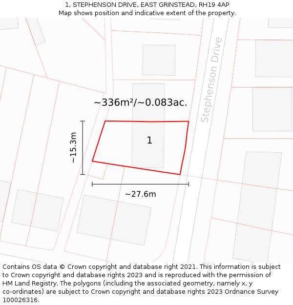 1, STEPHENSON DRIVE, EAST GRINSTEAD, RH19 4AP: Plot and title map