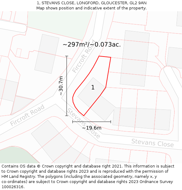 1, STEVANS CLOSE, LONGFORD, GLOUCESTER, GL2 9AN: Plot and title map