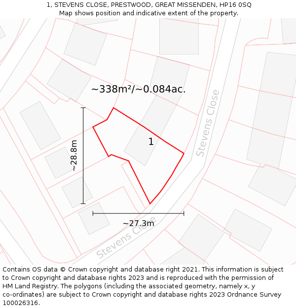 1, STEVENS CLOSE, PRESTWOOD, GREAT MISSENDEN, HP16 0SQ: Plot and title map