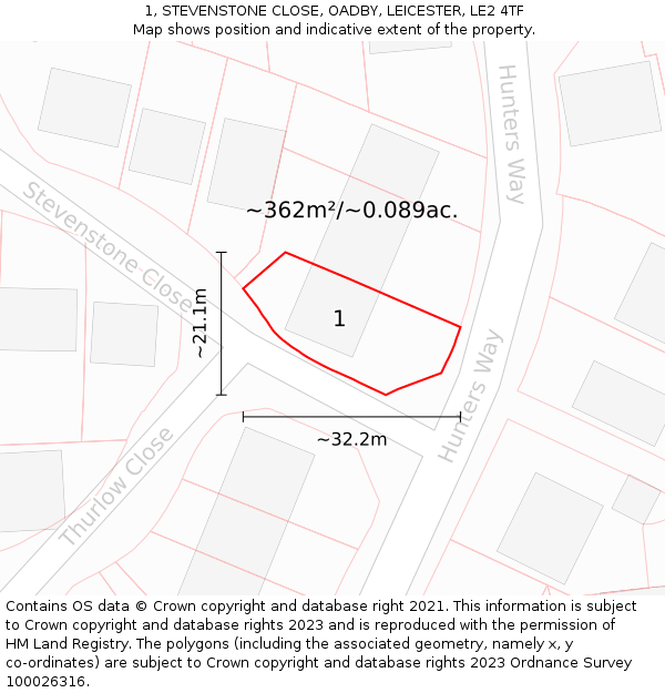 1, STEVENSTONE CLOSE, OADBY, LEICESTER, LE2 4TF: Plot and title map