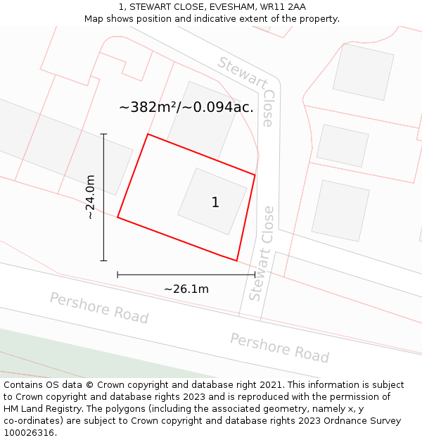 1, STEWART CLOSE, EVESHAM, WR11 2AA: Plot and title map