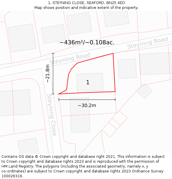 1, STEYNING CLOSE, SEAFORD, BN25 4ED: Plot and title map