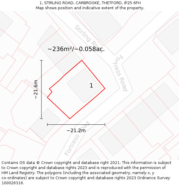 1, STIRLING ROAD, CARBROOKE, THETFORD, IP25 6FH: Plot and title map