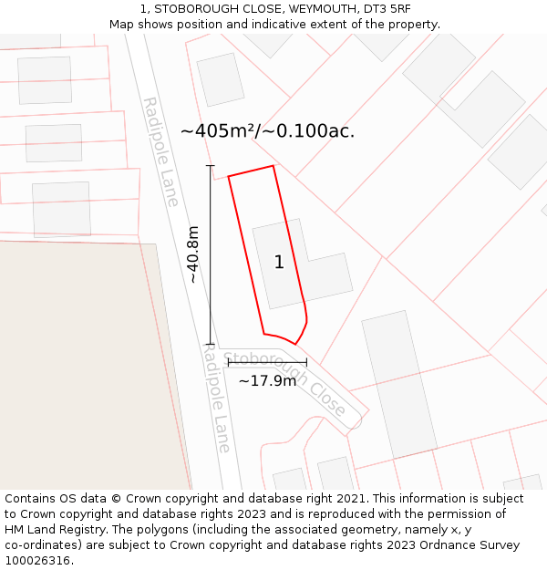 1, STOBOROUGH CLOSE, WEYMOUTH, DT3 5RF: Plot and title map