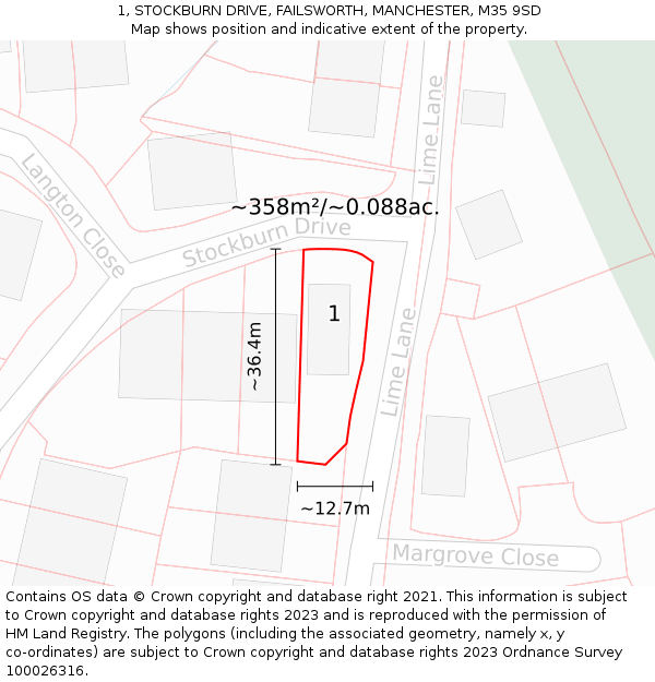 1, STOCKBURN DRIVE, FAILSWORTH, MANCHESTER, M35 9SD: Plot and title map