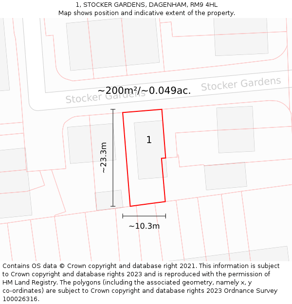 1, STOCKER GARDENS, DAGENHAM, RM9 4HL: Plot and title map