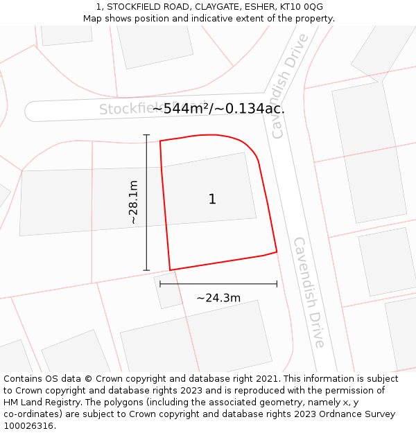 1, STOCKFIELD ROAD, CLAYGATE, ESHER, KT10 0QG: Plot and title map