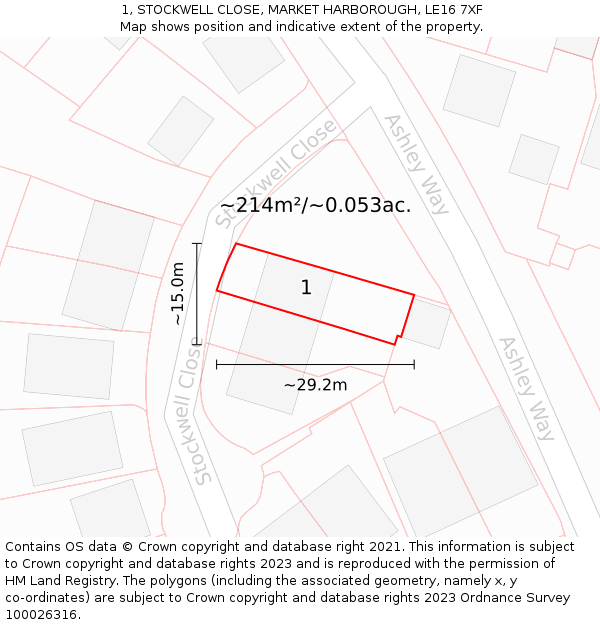 1, STOCKWELL CLOSE, MARKET HARBOROUGH, LE16 7XF: Plot and title map