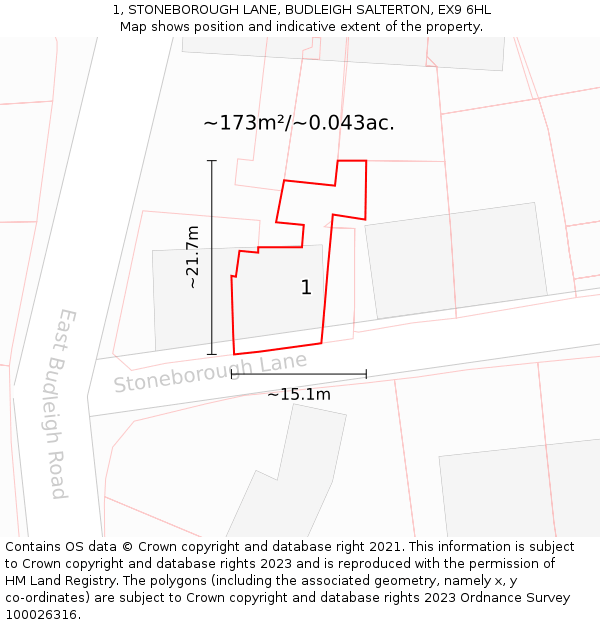 1, STONEBOROUGH LANE, BUDLEIGH SALTERTON, EX9 6HL: Plot and title map