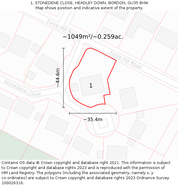 1, STONEDENE CLOSE, HEADLEY DOWN, BORDON, GU35 8HW: Plot and title map