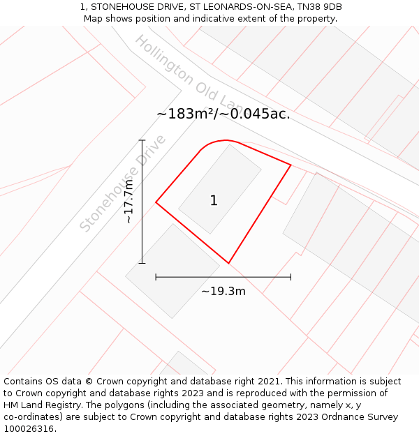 1, STONEHOUSE DRIVE, ST LEONARDS-ON-SEA, TN38 9DB: Plot and title map