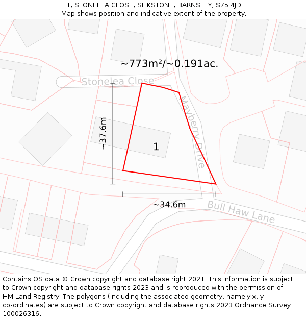 1, STONELEA CLOSE, SILKSTONE, BARNSLEY, S75 4JD: Plot and title map