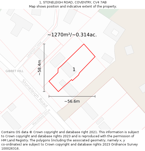 1, STONELEIGH ROAD, COVENTRY, CV4 7AB: Plot and title map