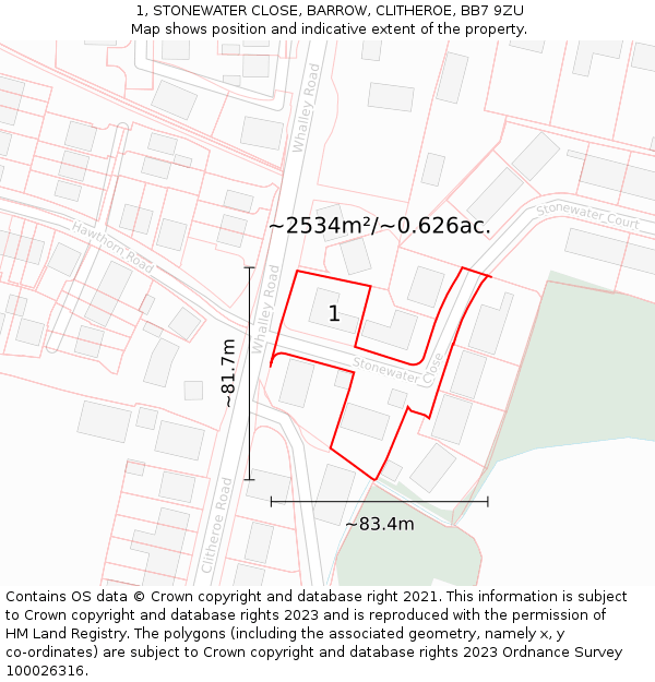 1, STONEWATER CLOSE, BARROW, CLITHEROE, BB7 9ZU: Plot and title map