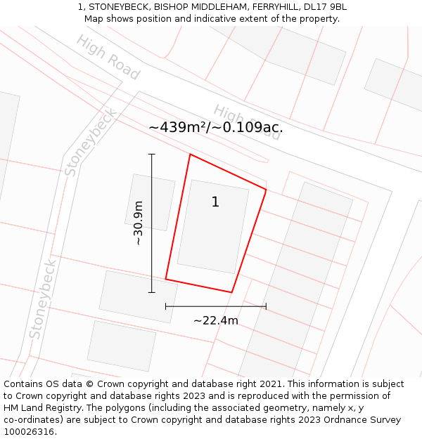 1, STONEYBECK, BISHOP MIDDLEHAM, FERRYHILL, DL17 9BL: Plot and title map