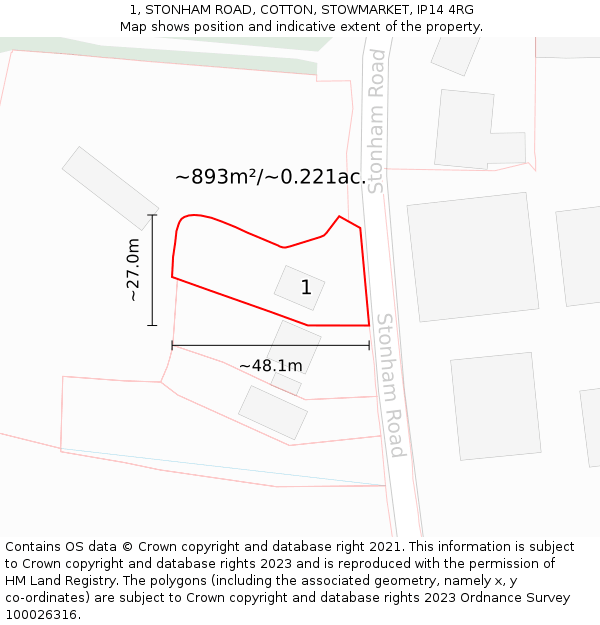 1, STONHAM ROAD, COTTON, STOWMARKET, IP14 4RG: Plot and title map