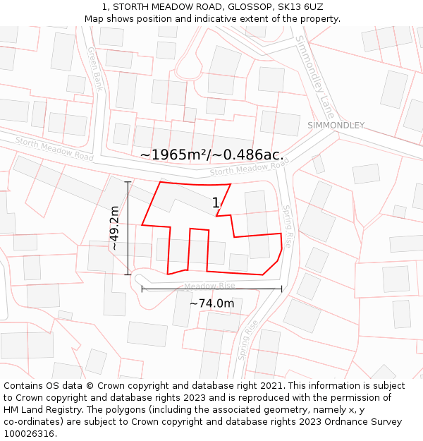 1, STORTH MEADOW ROAD, GLOSSOP, SK13 6UZ: Plot and title map