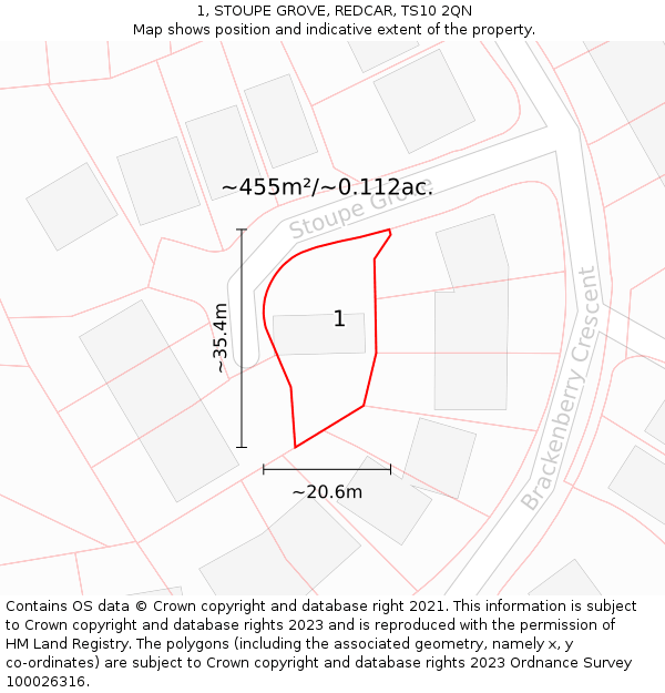 1, STOUPE GROVE, REDCAR, TS10 2QN: Plot and title map