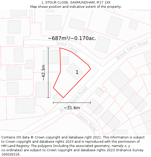 1, STOUR CLOSE, SAXMUNDHAM, IP17 1XX: Plot and title map