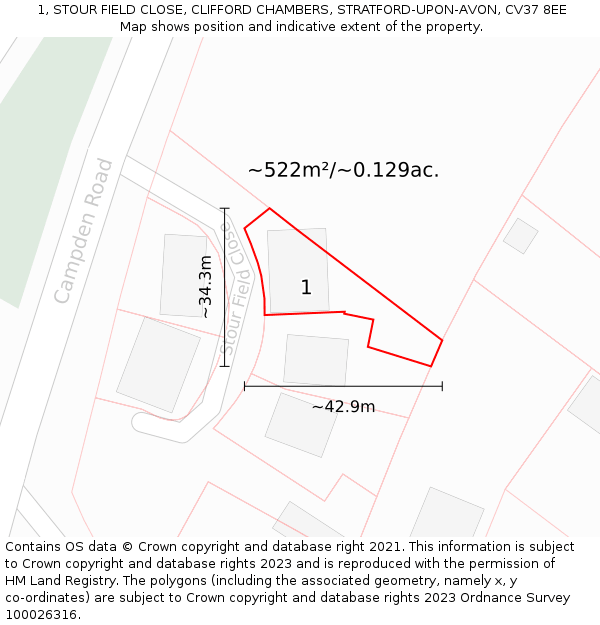 1, STOUR FIELD CLOSE, CLIFFORD CHAMBERS, STRATFORD-UPON-AVON, CV37 8EE: Plot and title map