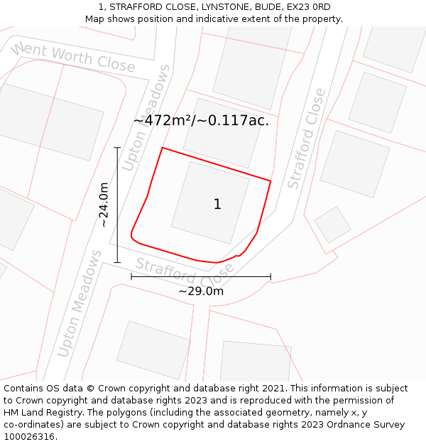 1, STRAFFORD CLOSE, LYNSTONE, BUDE, EX23 0RD: Plot and title map